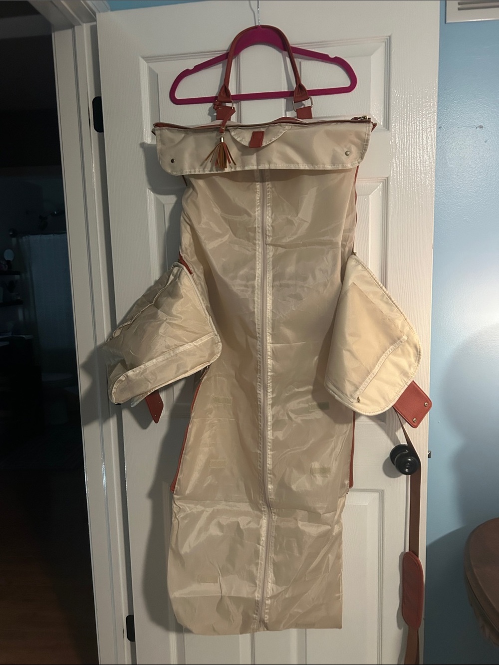 Cream Travel Garment Bag with Carry Handles. Never used.